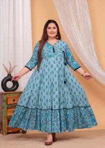 Blue Printed Cotton Anarkali Wrap Style Kurta - Image 2