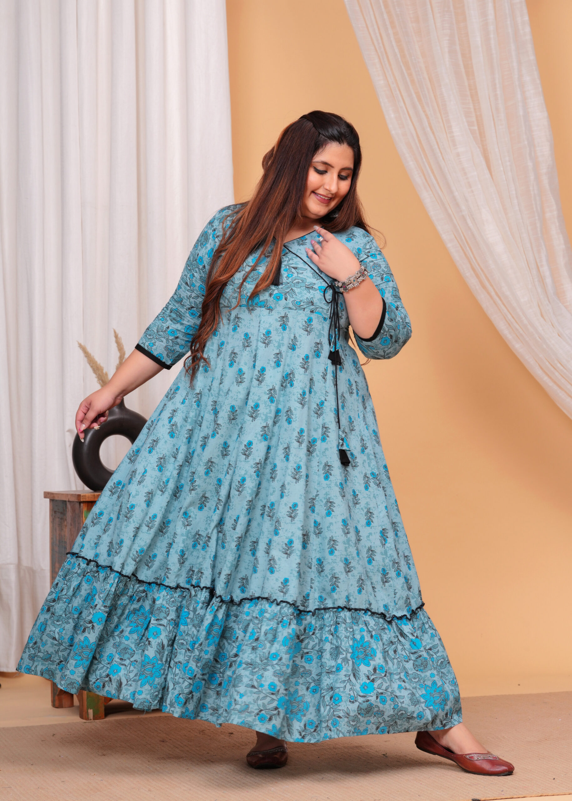 Blue Printed Cotton Anarkali Wrap Style Kurta