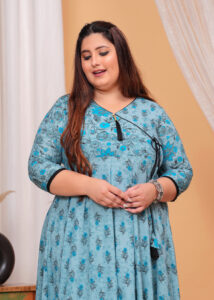 Blue Printed Cotton Anarkali Wrap Style Kurta - Image 4