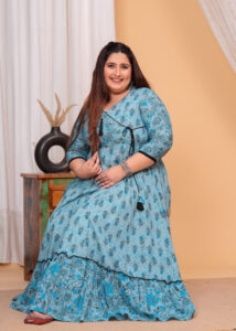 Blue Printed Cotton Anarkali Wrap Style Kurta - Image 7