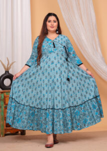 Blue Printed Cotton Anarkali Wrap Style Kurta - Image 6