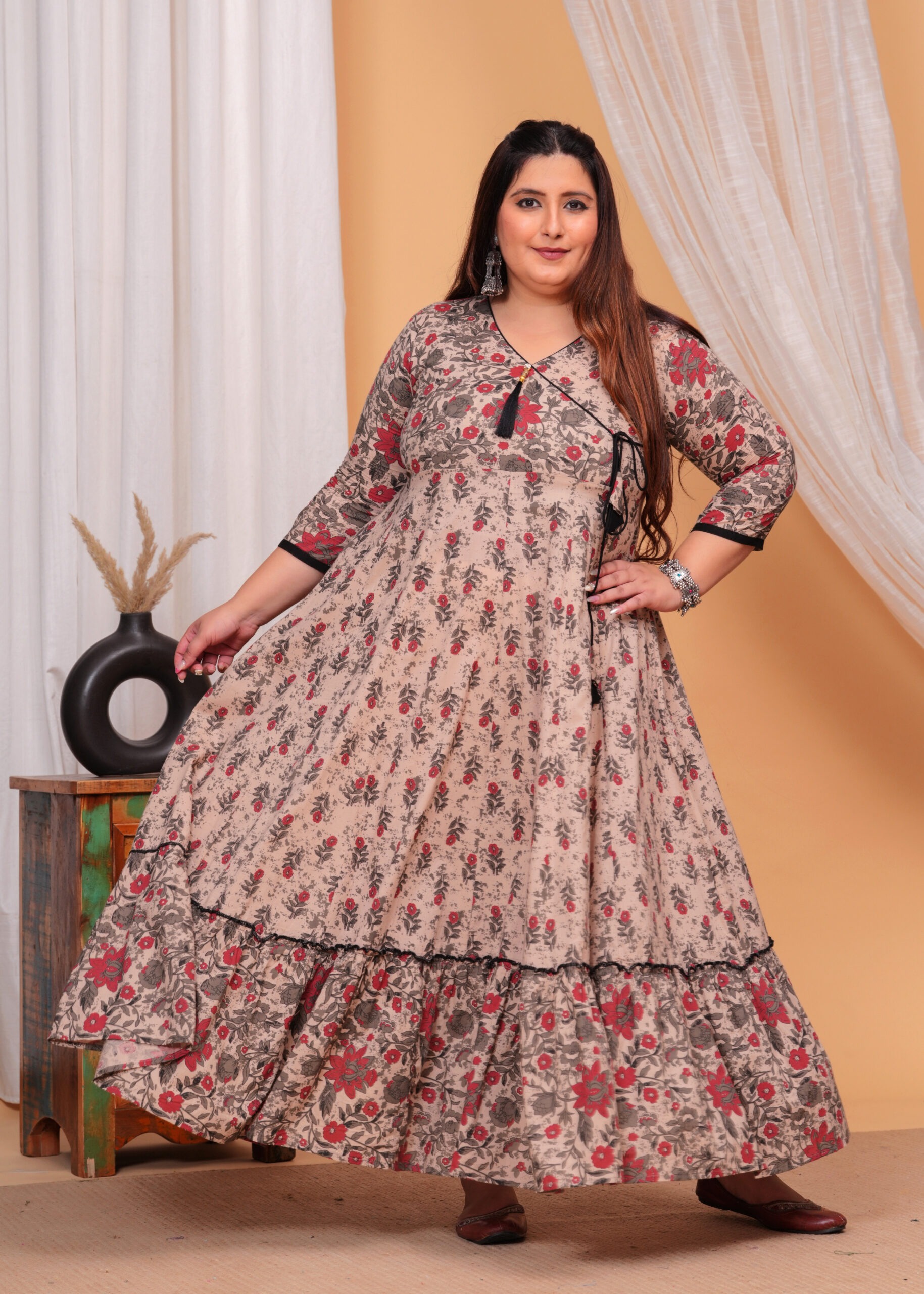 Plus Size Printed Cotton Anarkali Wrap Style Kurta